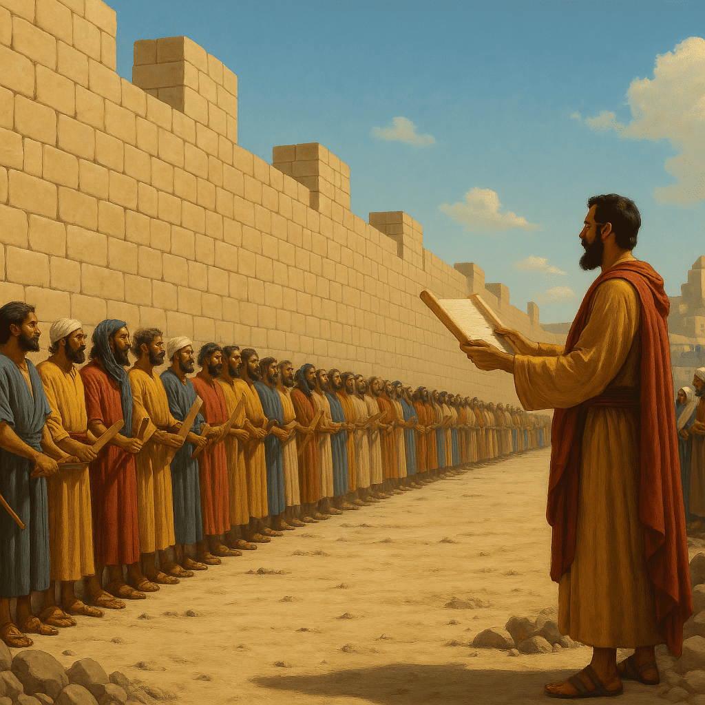 Neemias diante do povo, com um pergaminho nas mãos, liderando a reconstrução dos muros de Jerusalém, enquanto homens e mulheres se alinham com tijolos e ferramentas.