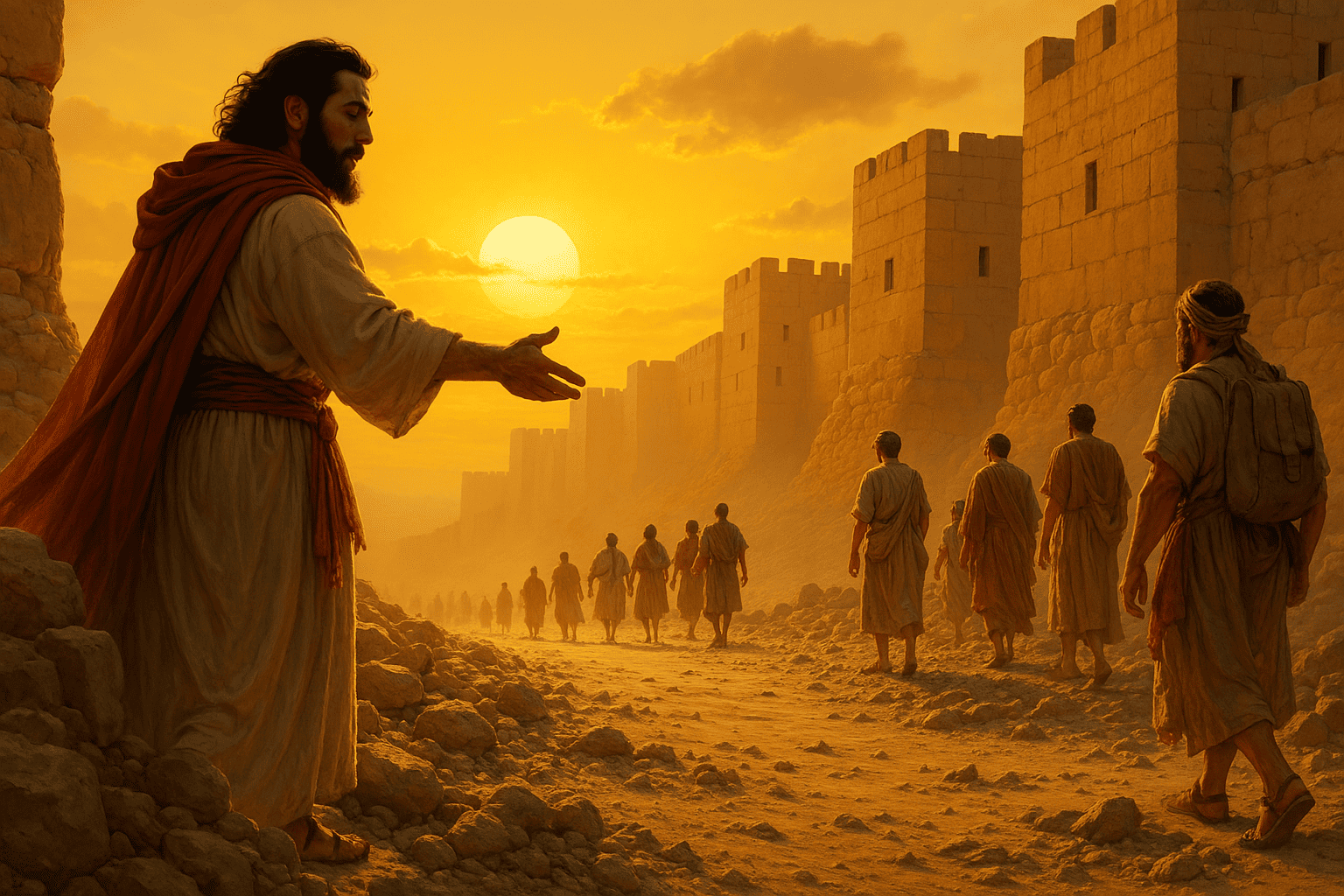 Neemias diante dos muros de Jerusalém em reconstrução, liderando o povo com fé e determinação.