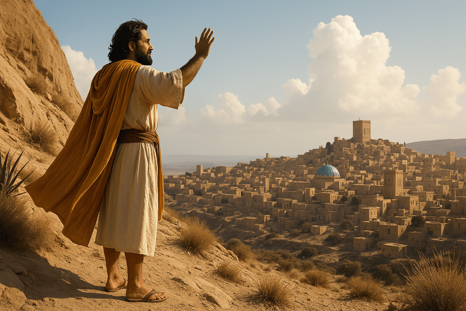 Neemias, líder bíblico, observando Jerusalém antiga antes da reconstrução dos muros, simbolizando sua missão e fé