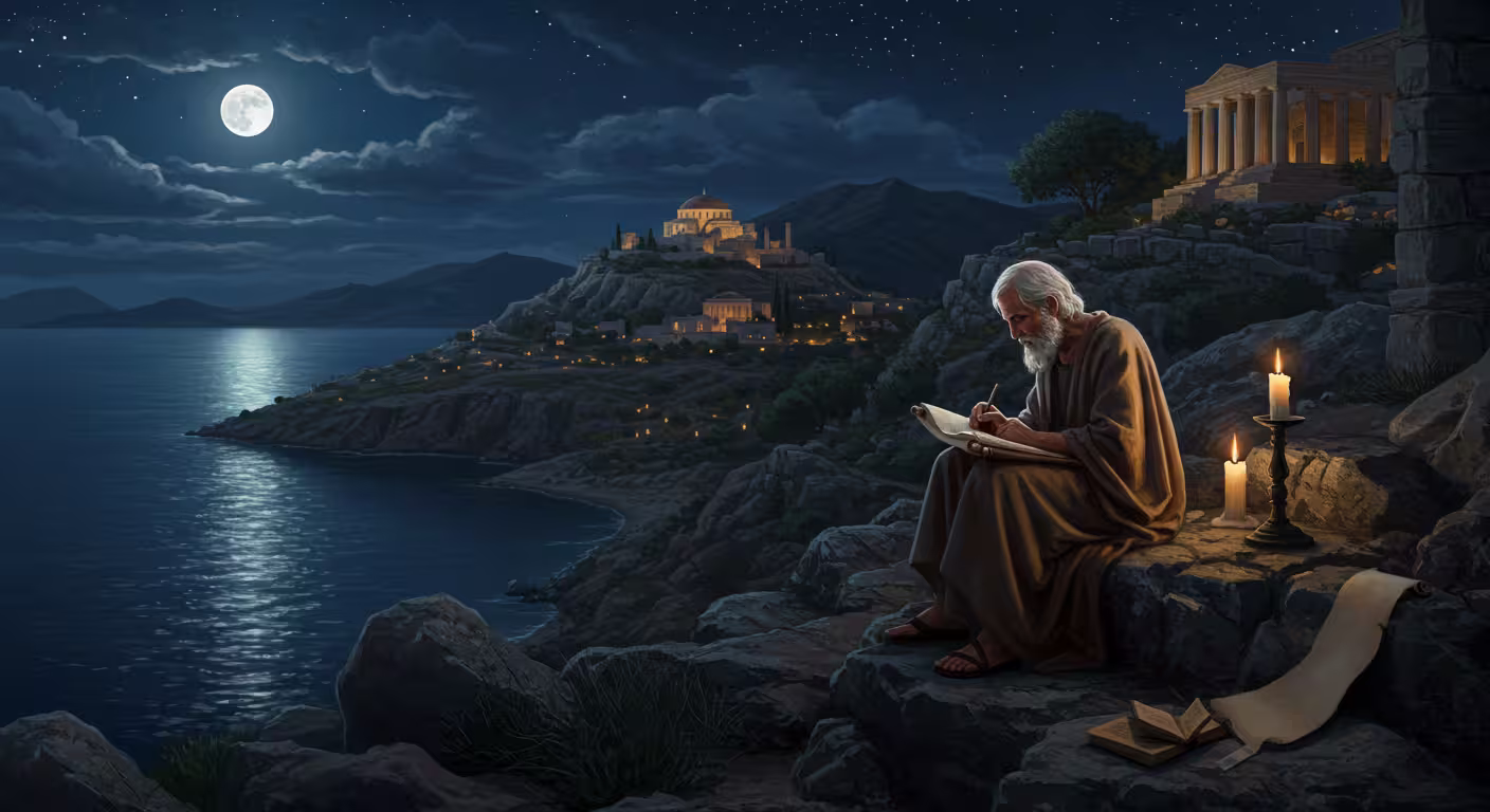 Apóstolo João escrevendo em um pergaminho durante seu exílio na ilha de Patmos.