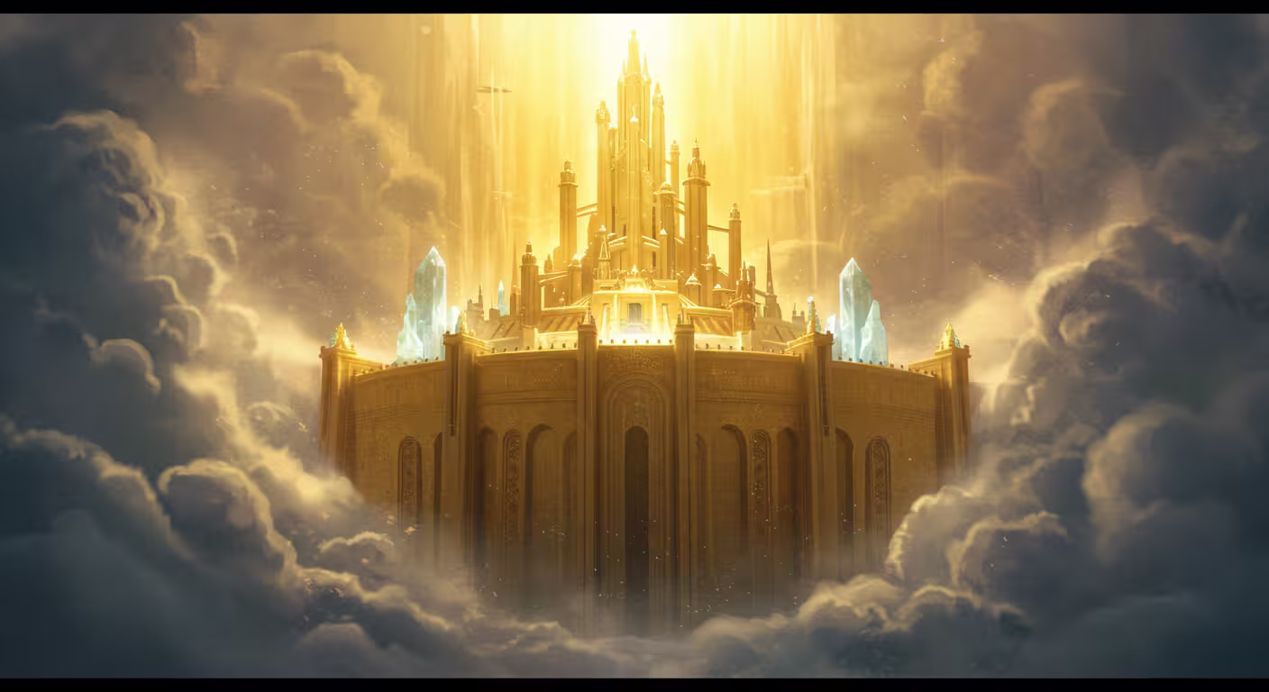 Cidade celestial de ouro e cristal com doze portões, representando a Nova Jerusalém.
