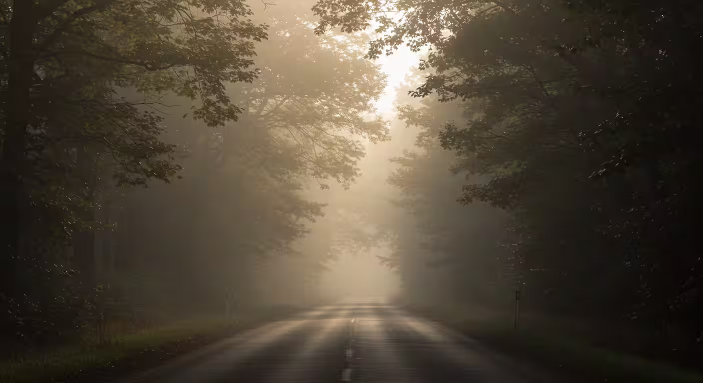 estrada com neblina e sol ao fundo representando fé em meio ao medo  