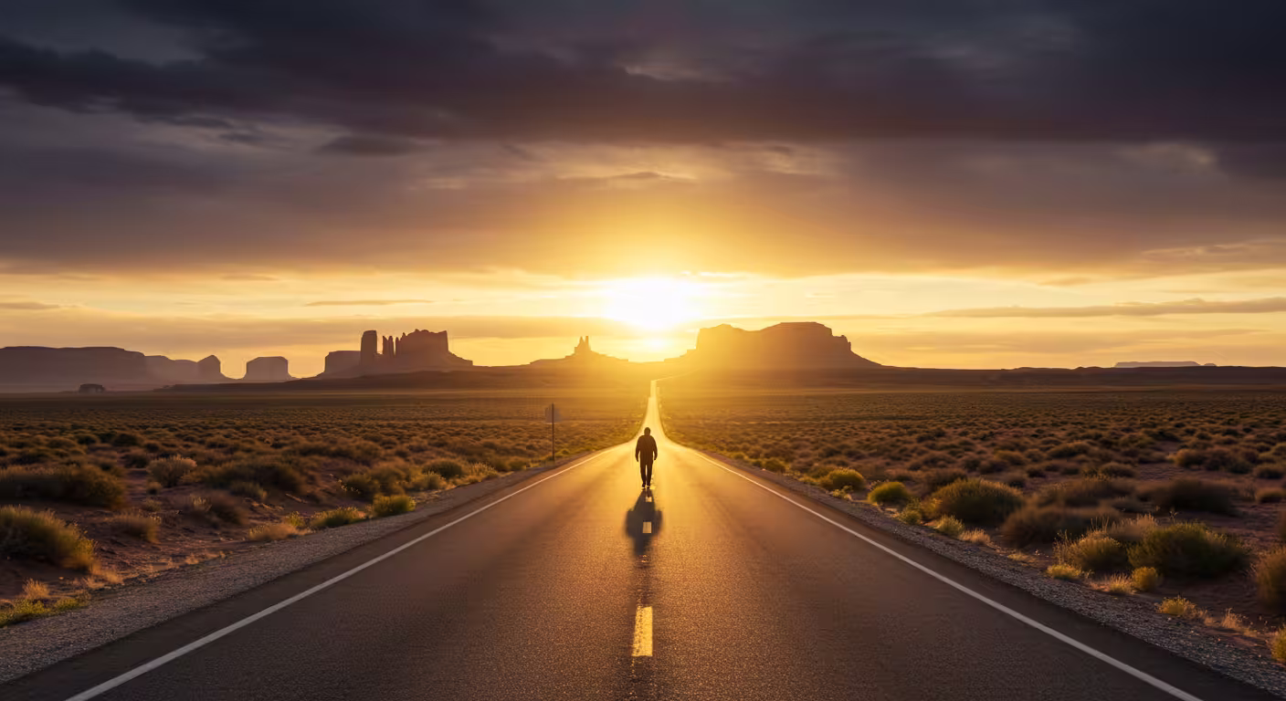 Pessoa caminhando sozinha por uma estrada deserta rumo ao horizonte iluminado, representando o guiar de Deus