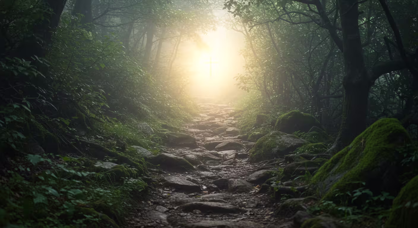 andar com Deus caminho espiritual com pedras e luz ao fundo representando direção divina