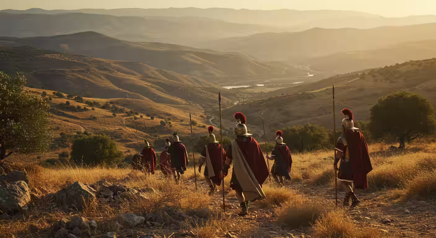 Exército marchando pelas montanhas rumo ao campo de batalha de Davi e Golias