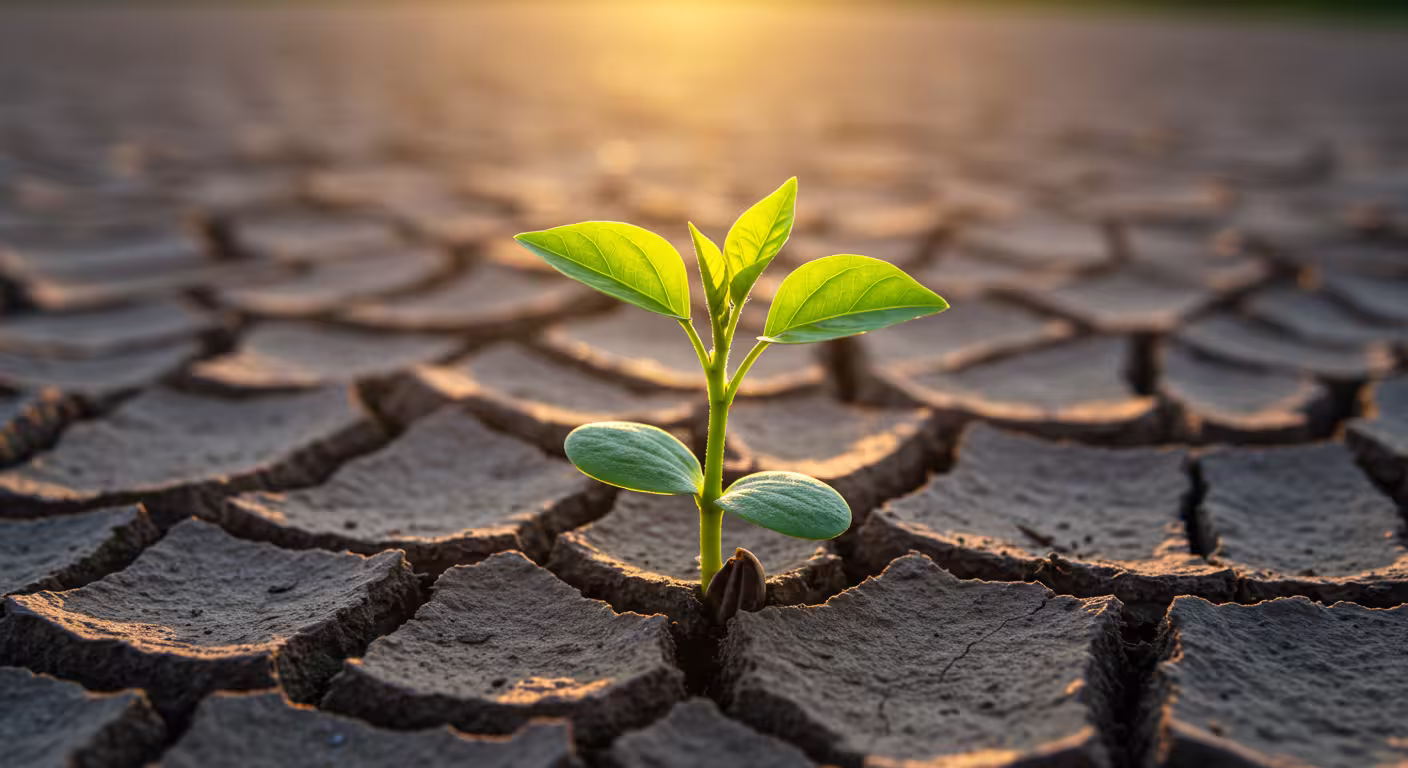 Planta crescendo sobre solo seco sob a luz do amanhecer, representando crescimento espiritual durante a espera em Deus