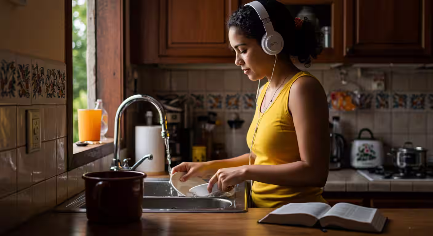 mulher ouvindo devocional enquanto realiza tarefas domésticas