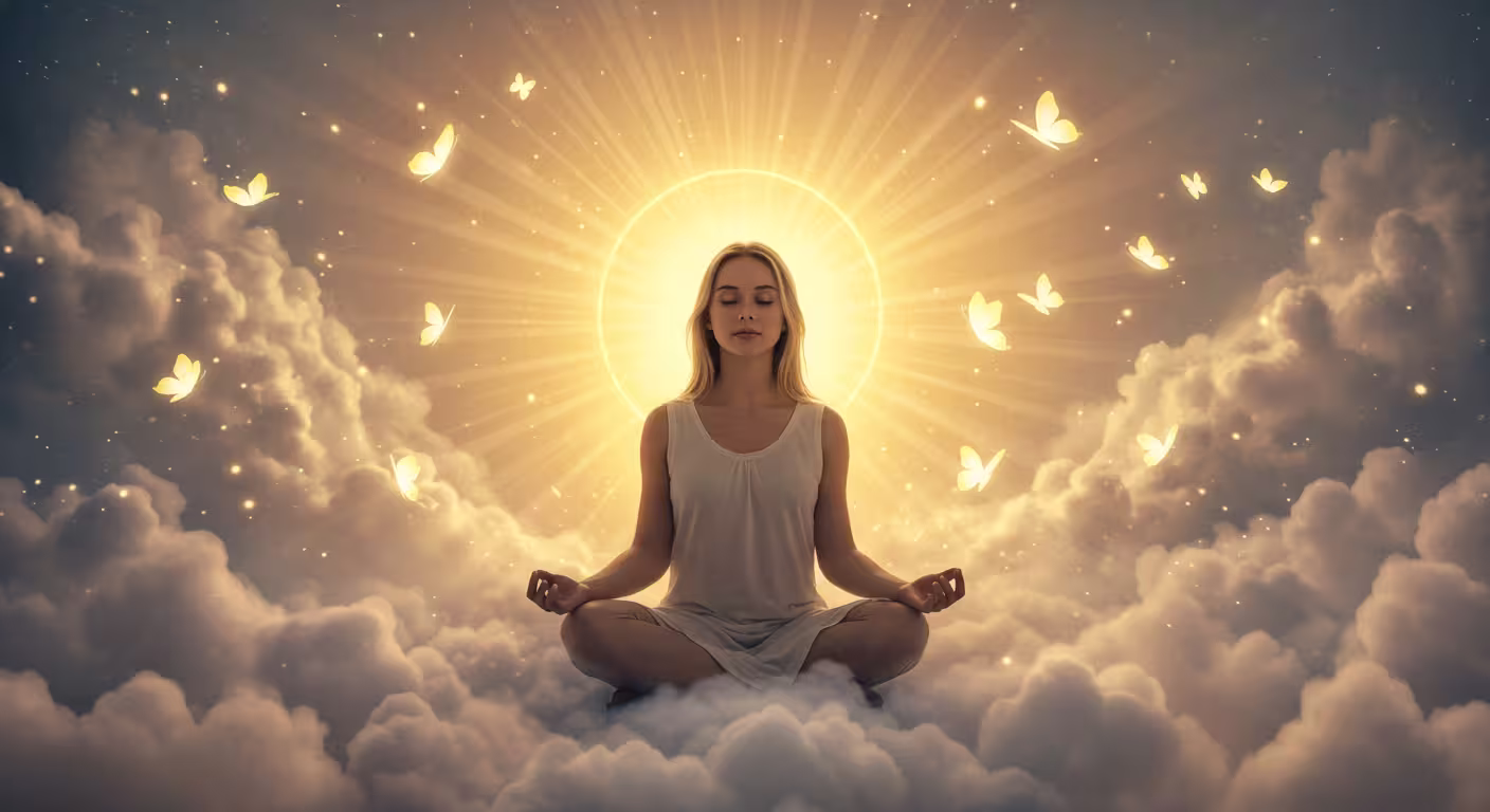Mulher com olhos fechados meditando entre nuvens, cercada por borboletas e luz intensa simbolizando o Espírito Santo