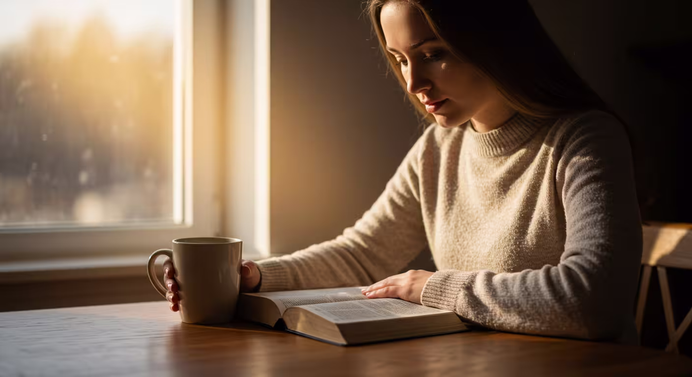 mulher lendo a Bíblia com uma xícara de café pela manhã