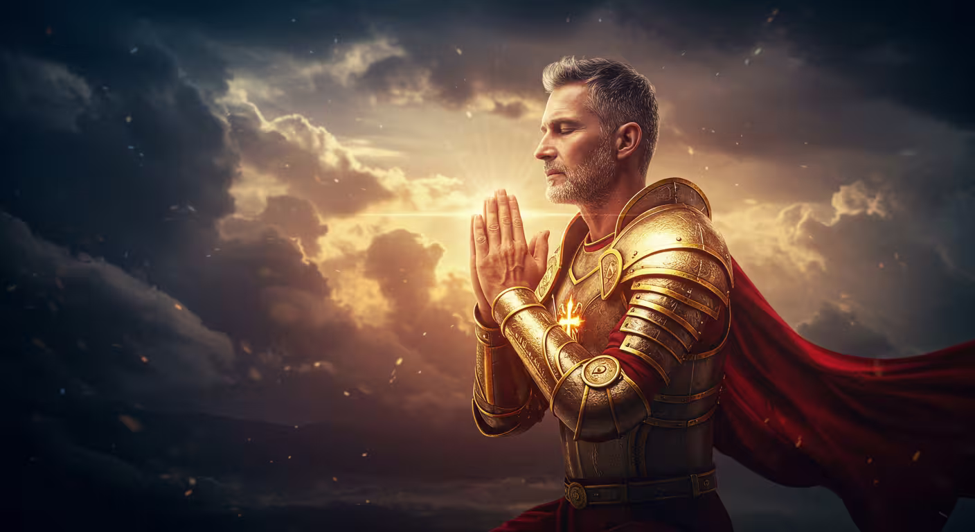 homem orando com armadura espiritual em ambiente celestial