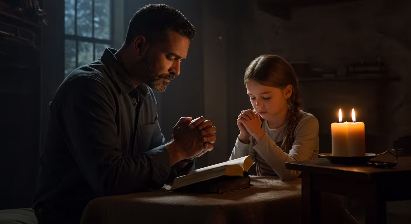 pai e filha orando juntos à noite