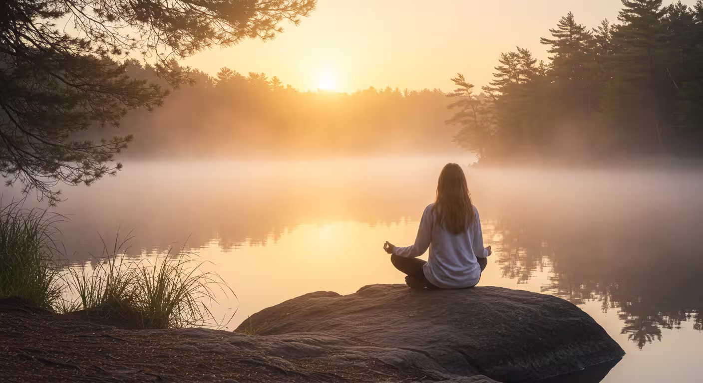 Mulher com olhos fechados meditando entre nuvens, cercada por borboletas e luz intensa simbolizando o Espírito Santo