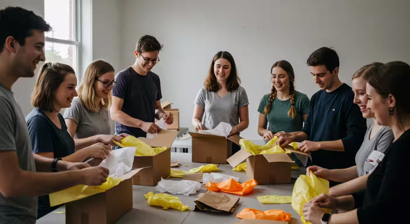Grupo cristão embalando doações