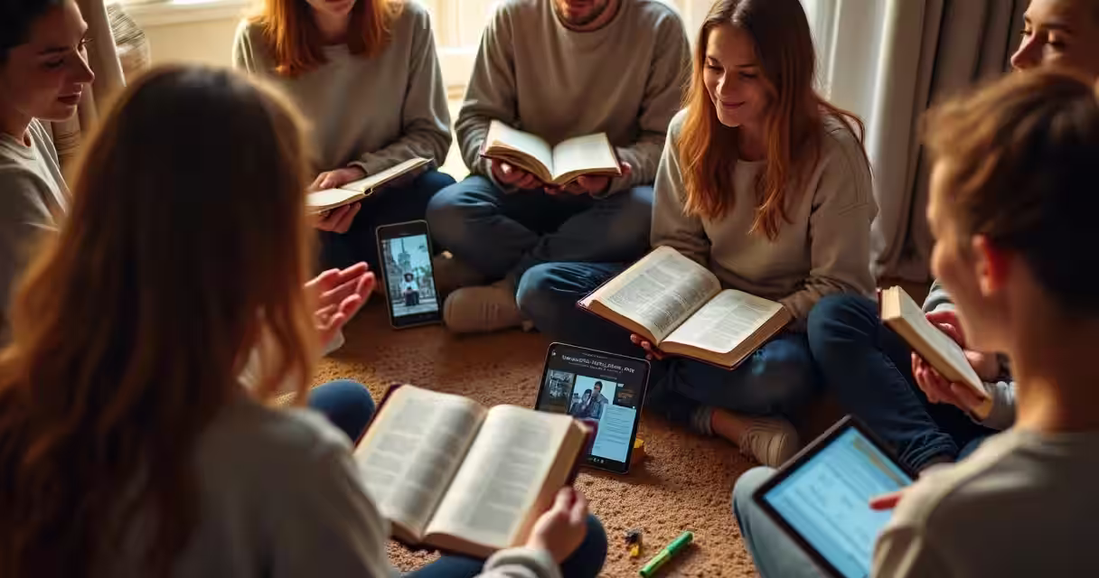 Grupo de jovens reunido em estudo bíblico com Bíblias e tablets