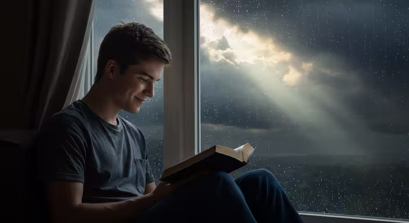 jovem lendo a bíblia durante a tempestade