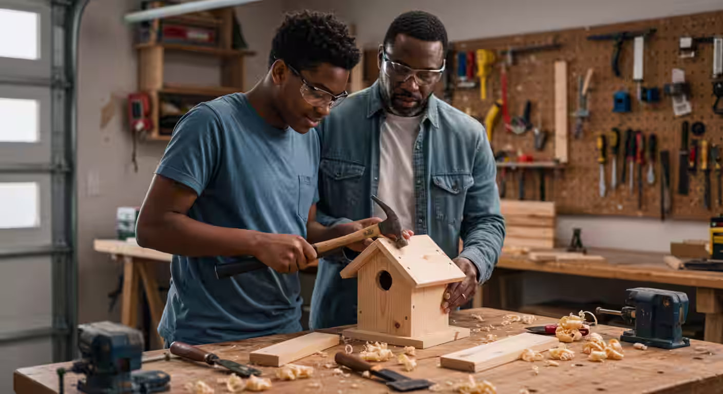 Pai e filho adolescente construindo casa de passarinho juntos na garagem, demonstrando relacionamento paterno cristão e tempo de qualidade no Dia dos Pais