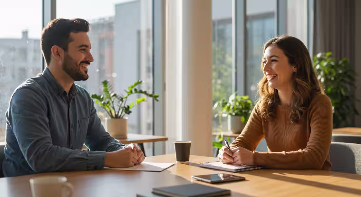 Homem e mulher em mesa de reunião com sorrisos e confiança
