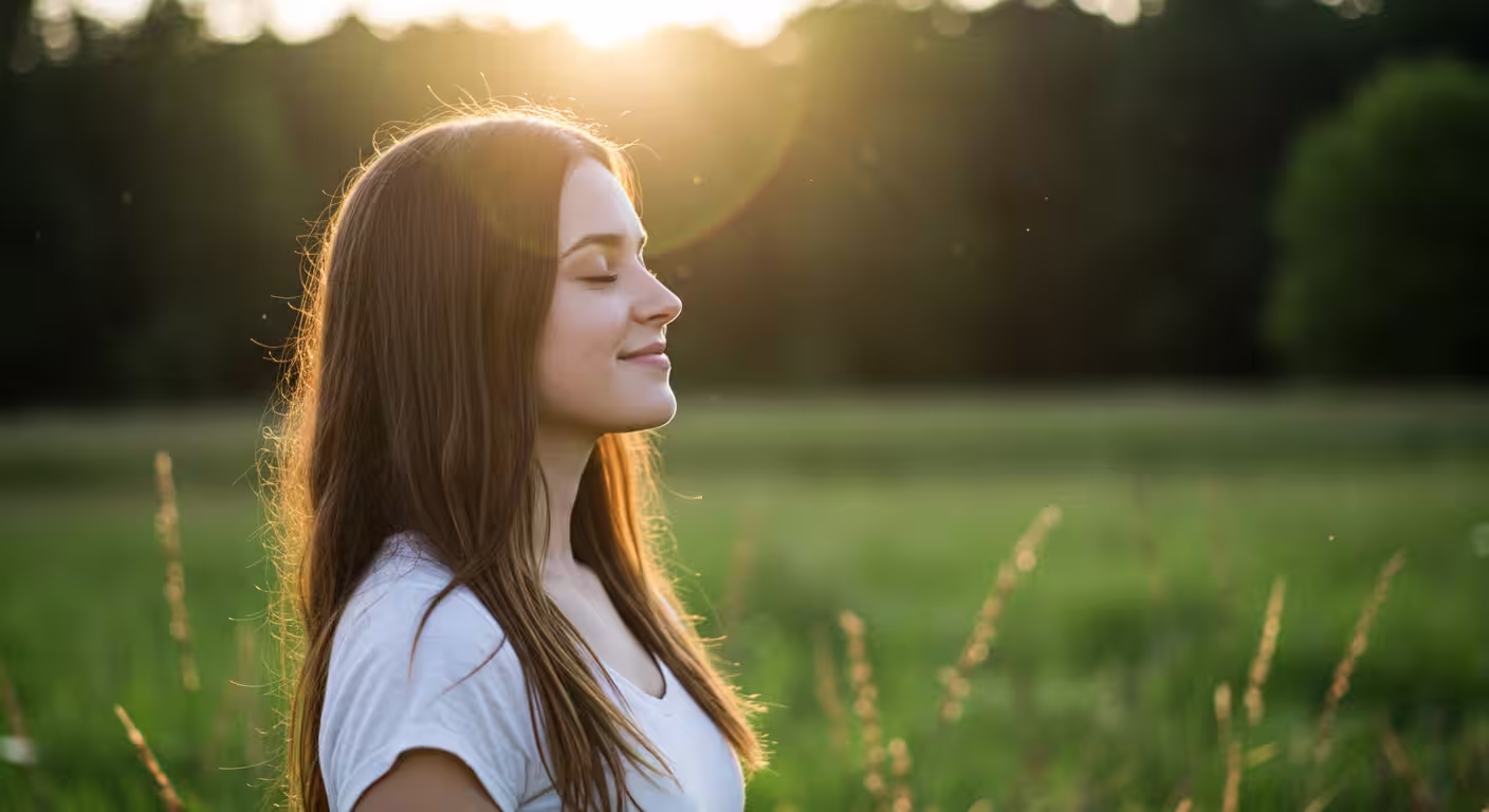 Mulher com expressão de paz apreciando o sol e a natureza em um campo aberto