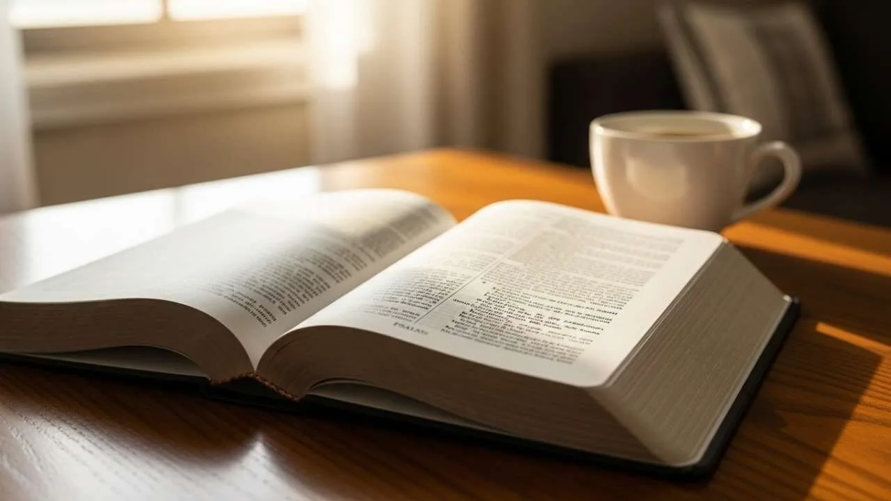 Bíblia aberta no livro dos salmos para estudo devocional matinal
