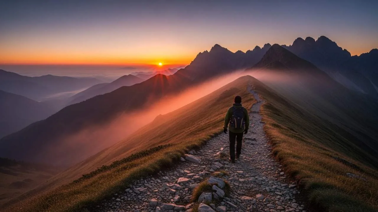 Caminho sinuoso subindo montanha ao amanhecer simbolizando jornada de fé