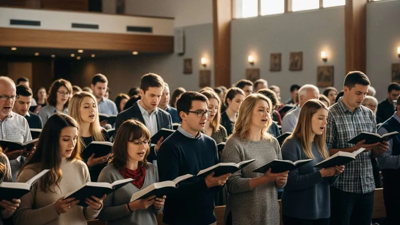 Comunidade cristã cantando salmos juntos em adoração coletiva