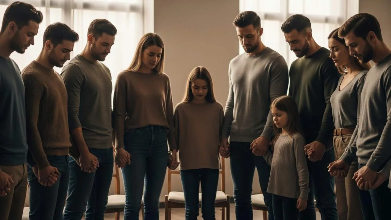 Grupo diverso de cristãos orando juntos em comunidade