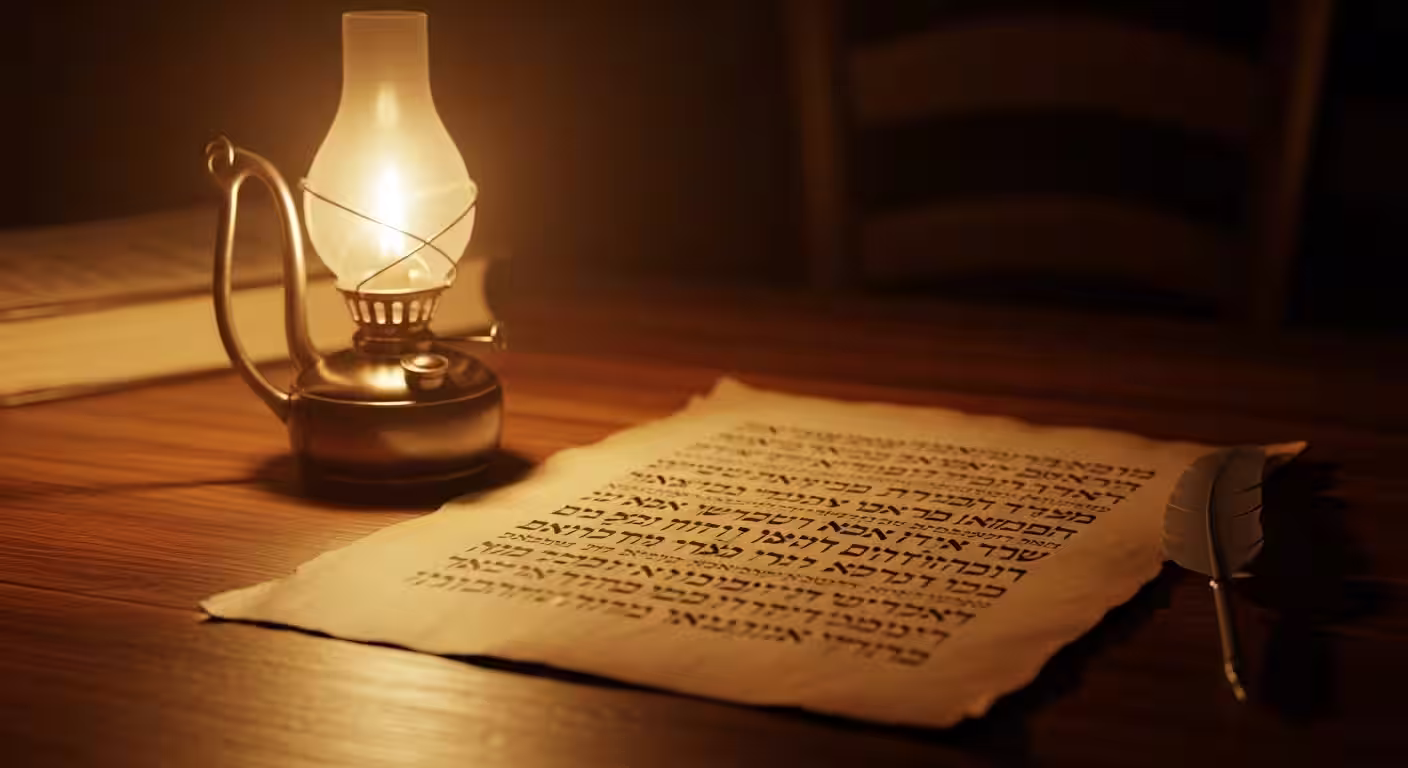 Lâmpada antiga iluminando manuscrito bíblico antigo