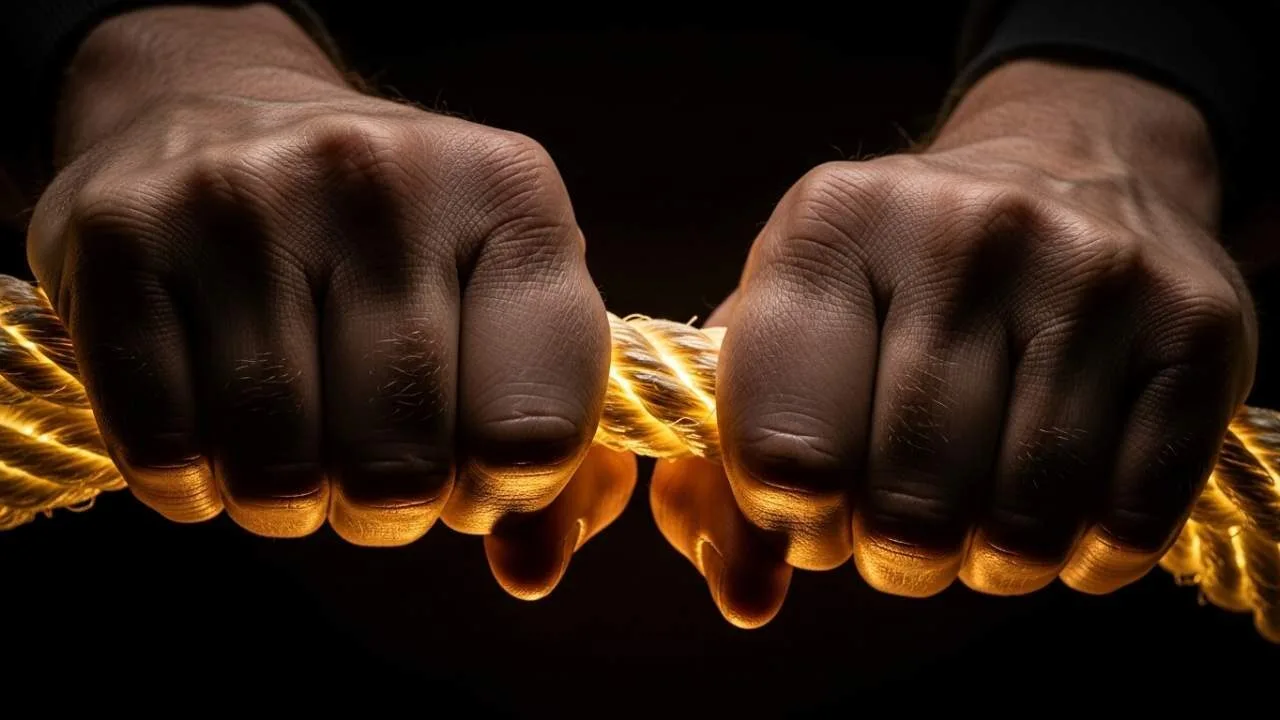 Mãos segurando firmemente uma corda dourada na escuridão representando fé