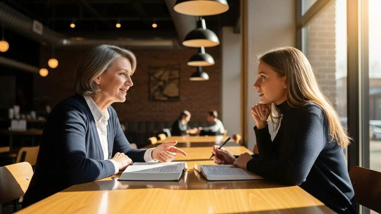 Cristão mentorando jovem em café com Bíblia aberta