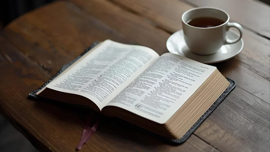 Bíblia aberta em ambiente simples de oração
