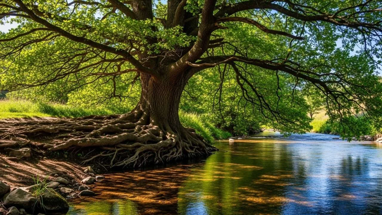 árvore plantada junto a corrente de águas representando o justo no Salmo 1