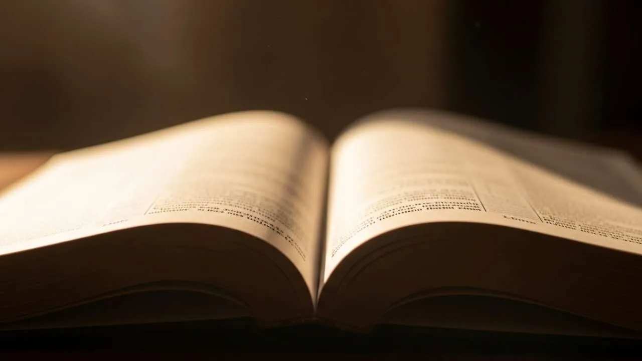 Bíblia aberta com luz suave iluminando páginas em ambiente tranquilo