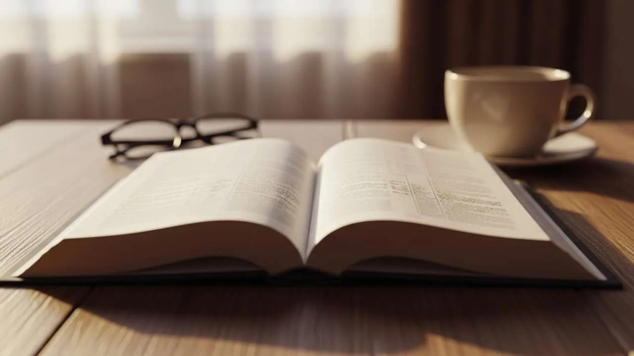 Bíblia Sagrada aberta sobre mesa de madeira com luz natural para estudo da Palavra de Deus