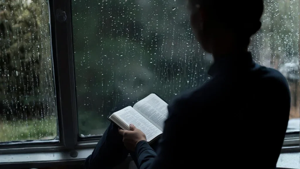versículos bíblicos para ansiedade lidos perto da janela em dia de chuva