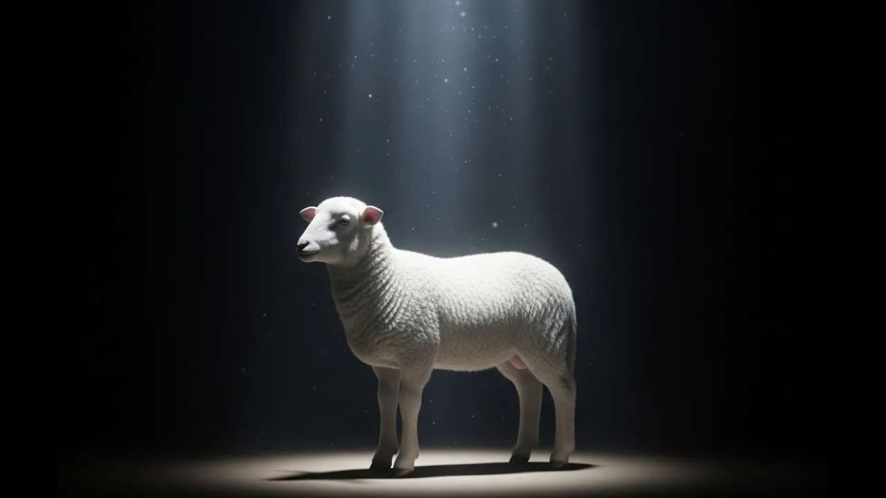 Cordeiro branco iluminado por luz divina representando Jesus como cordeiro de Deus