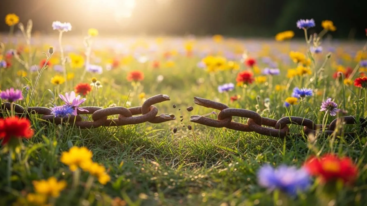 libertação através do perdão - correntes quebradas em campo florido