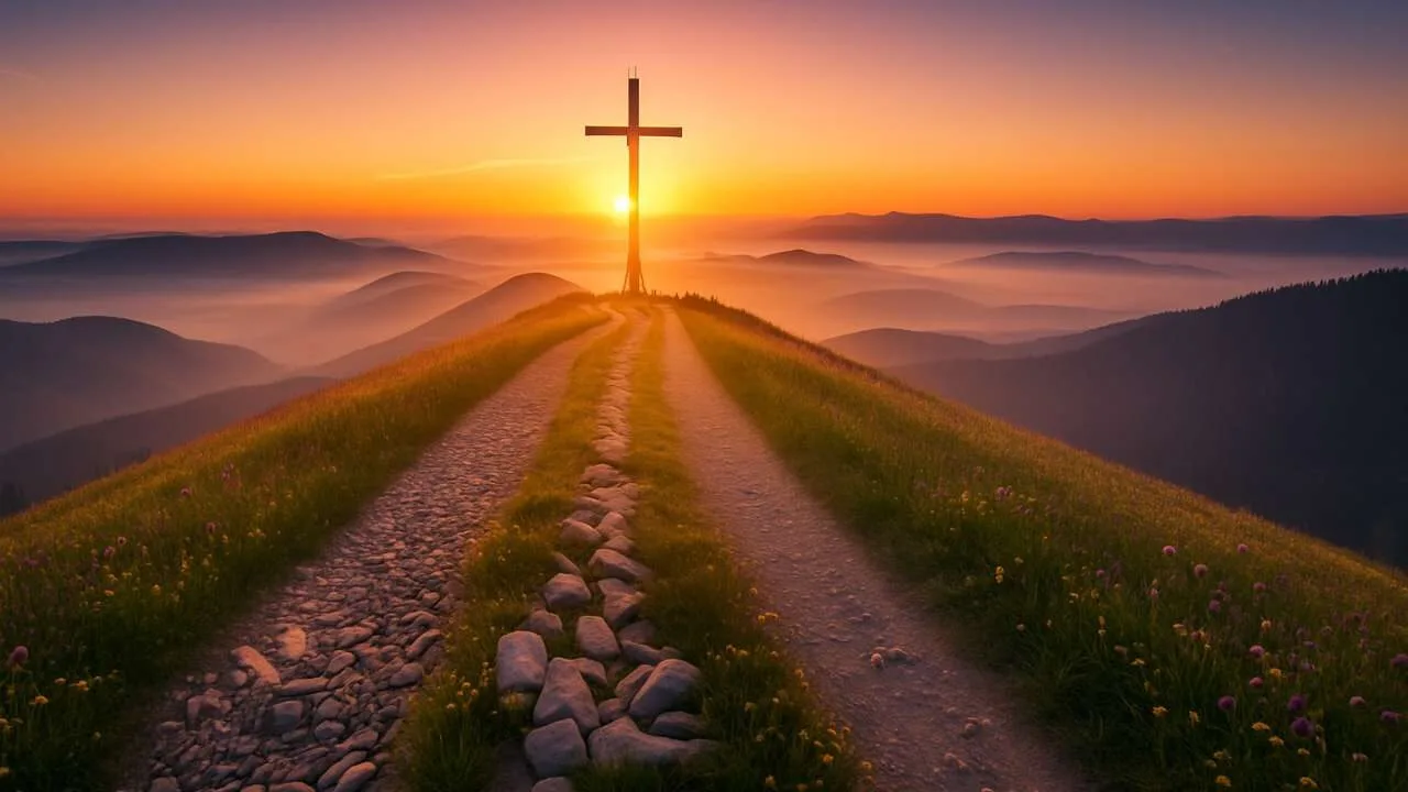 Cruz iluminada simbolizando escolha entre lei e graça