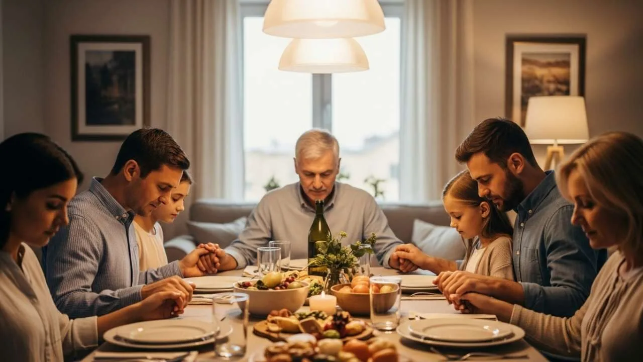  família unida em oração de gratidão antes da refeição