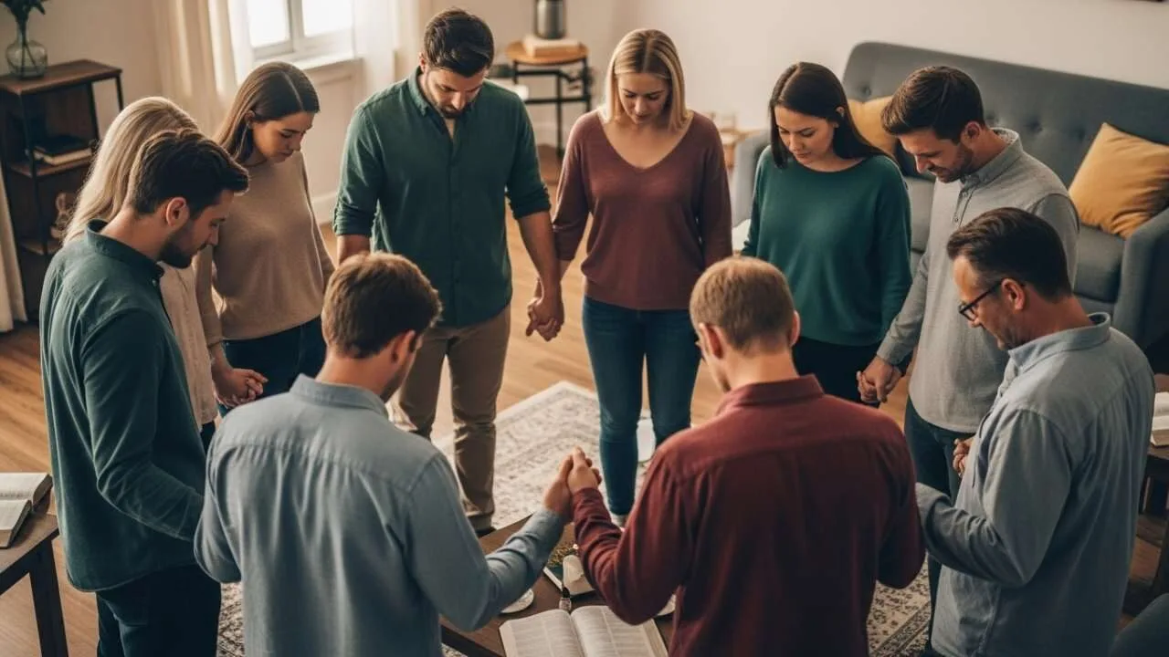 grupo de cristãos reunidos em círculo orando juntos demonstrando comunhão e vida comunitária