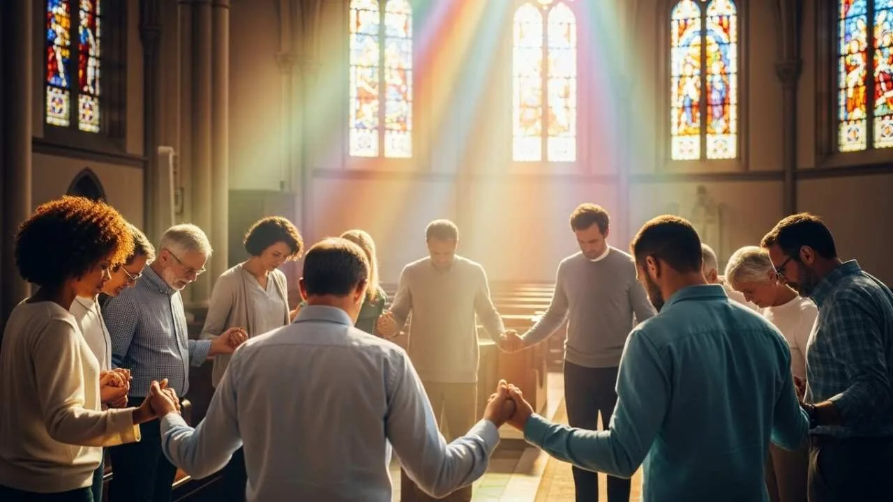 Grupo diverso em oração conjunta buscando discernimento cristão