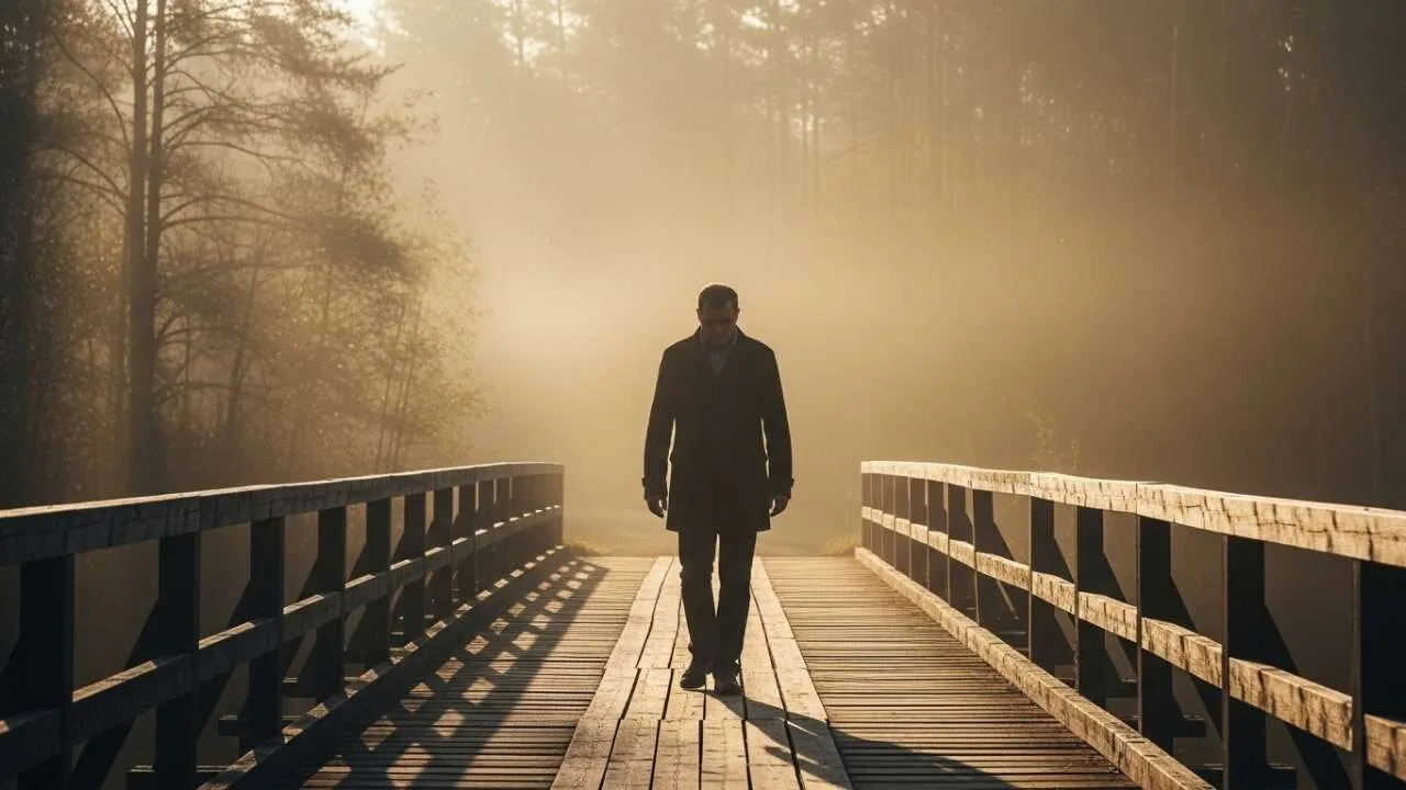 jornada do perdão - homem atravessando ponte na névoa ao amanhecer