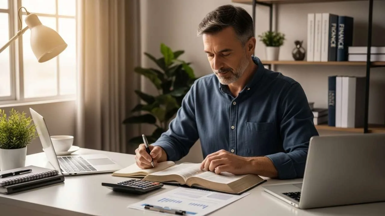 homem estudando princípios financeiros na Bíblia com calculadora