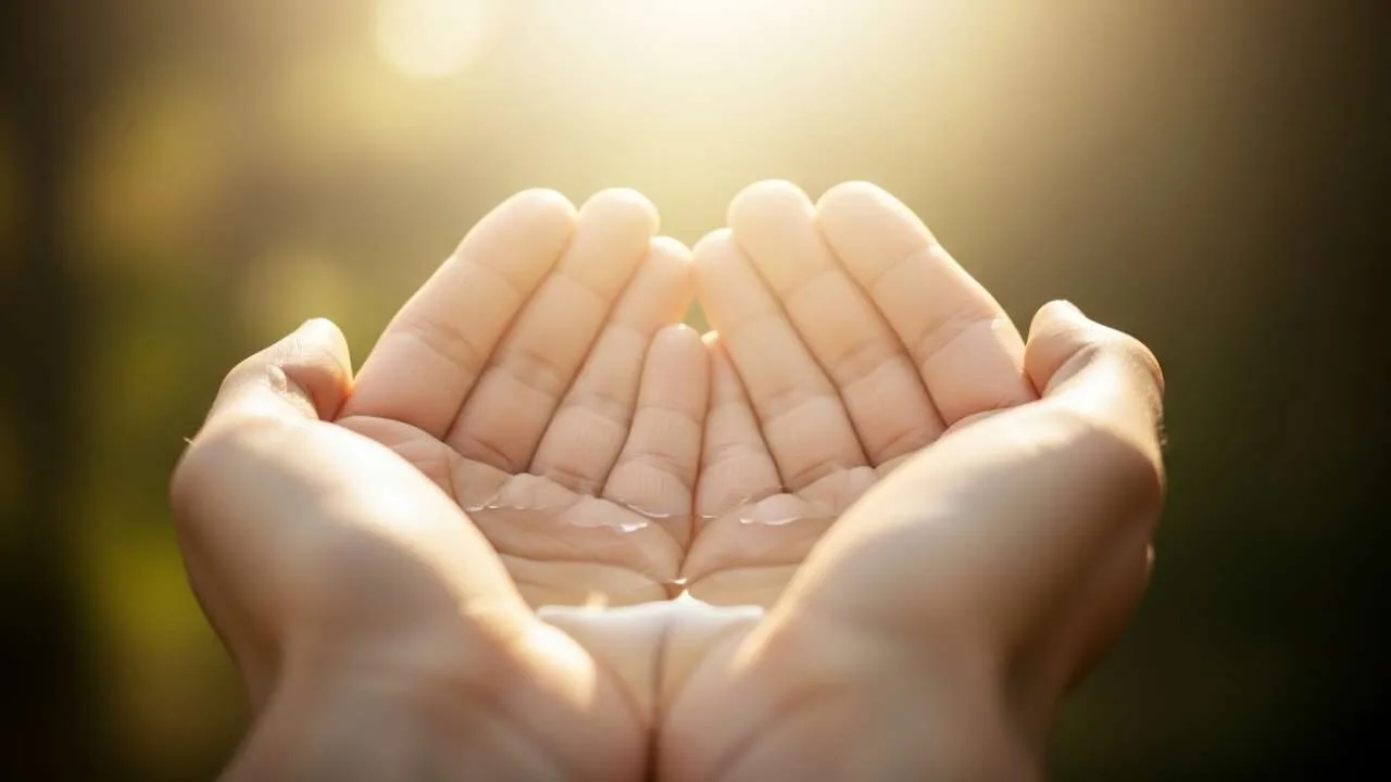 mãos abertas recebendo luz brilhante em ambiente sereno e contemplativo