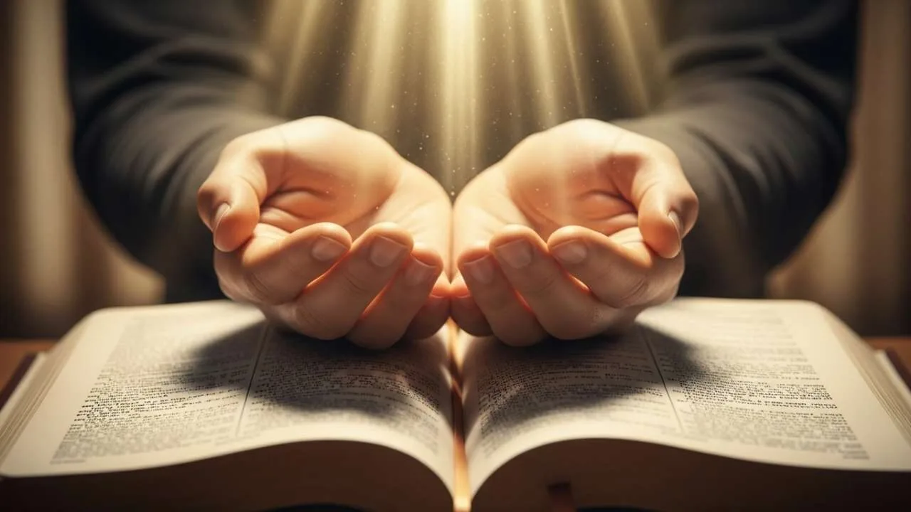 Mãos recebendo graça divina sobre Bíblia Sagrada aberta