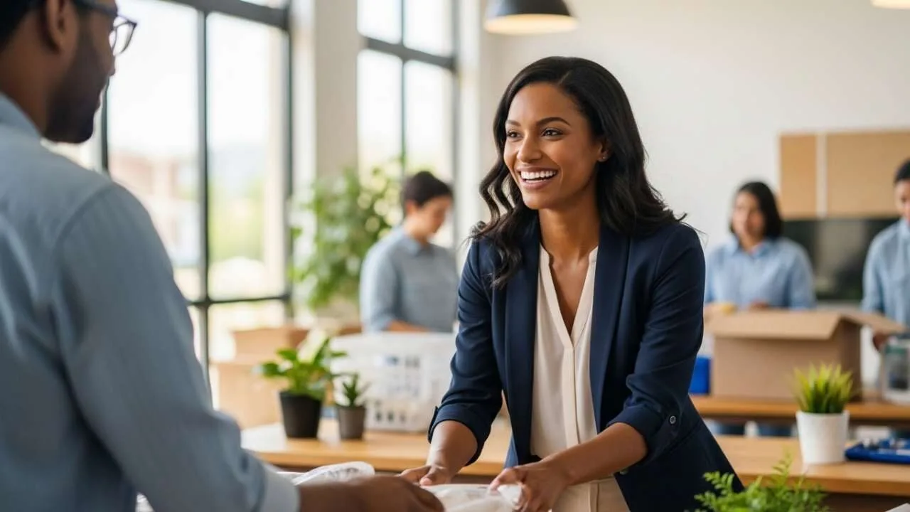 mulher profissional cristã servindo comunidade com alegria
