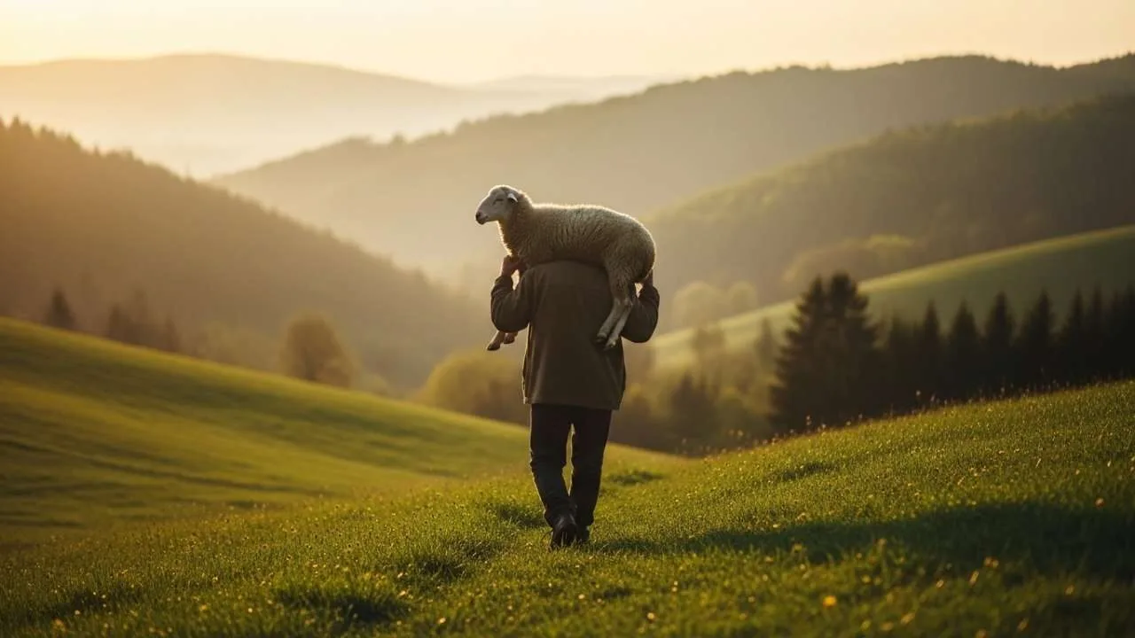pastor carregando ovelha nos ombros simbolizando amor e cuidado divino
