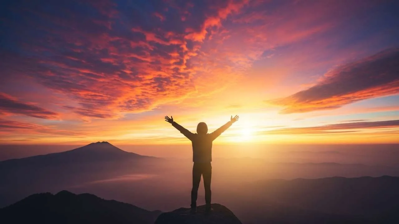 pessoa de braços abertos no topo de uma montanha contemplando céu vibrante ao amanhecer
