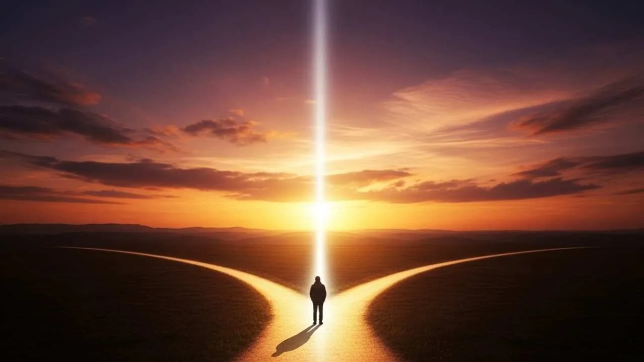 Pessoa em encruzilhada simbolizando escolhas que requerem prudência bíblica