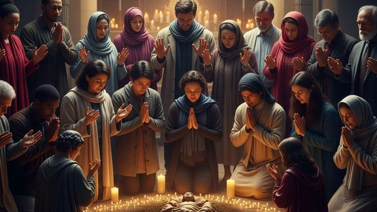 pessoas de diferentes culturas adorando juntas em celebração ao natal cristão