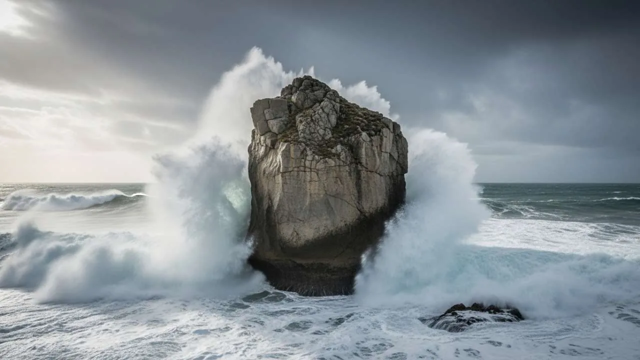 rocha inabalável em meio às ondas representando a imutabilidade de Deus